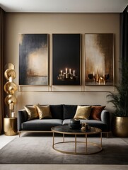 .Mockup of a large paintings in framed a light luxury black color living room interior .