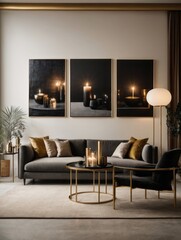 .Mockup of a large paintings in framed a light luxury black color living room interior .
