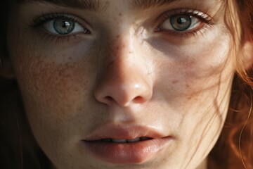 Fototapeta premium Beautiful green eyed woman with freckles. Sensitive redhead girl model with natural makeup. Healthy natural skin, skin care. Beauty and skincare cosmetics treatment concept