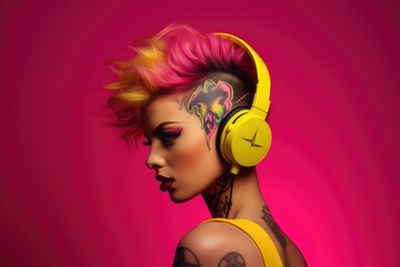 Сheerful energy stylish young woman in massive yellow headphones listen music on pink background....