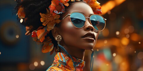 black woman with sunglasses and flowers - Powered by Adobe