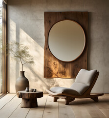 a simple room filled with a wooden chair next to a large mirror and window