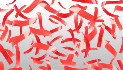 Bright red confetti falling on gradient grey background. Banner design