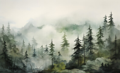 the watercolor painting of trees in the forest with fog - obrazy, fototapety, plakaty