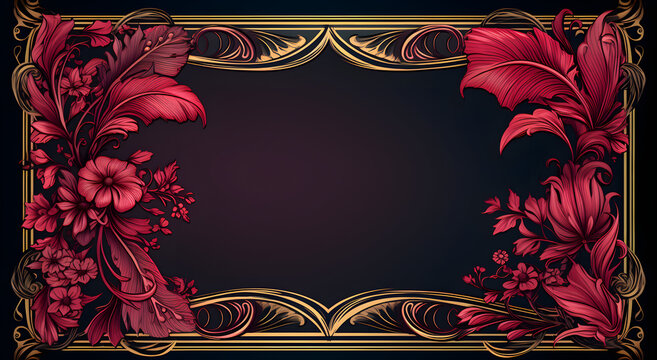 elegant gold frame with  red floral ornament on a black background
