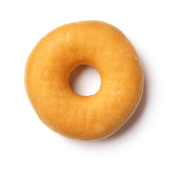 Single tasty sweet traditional donut close up seen from above isolated on white background