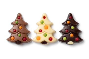  Chocolate christmas trees in a row isolated on white background close up