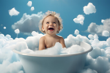a laughing toddler in the bathtub full of bubbles with clouds - obrazy, fototapety, plakaty