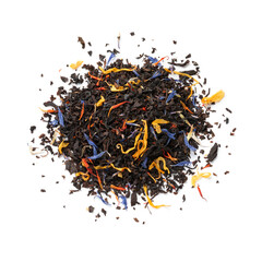 Heap of black tea with dried flower leaves isolated on white background close up