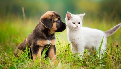 Naklejka na ściany i meble cat and dog in a field of grass