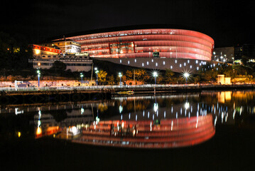 Long exposure night shot of the San Mamés Stadium in Bilbao. Spain. Beautiful colorful reflections...