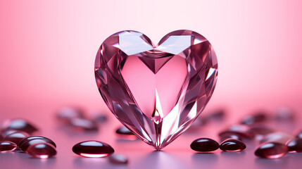 Pink crystal heart on pink background  - obrazy, fototapety, plakaty