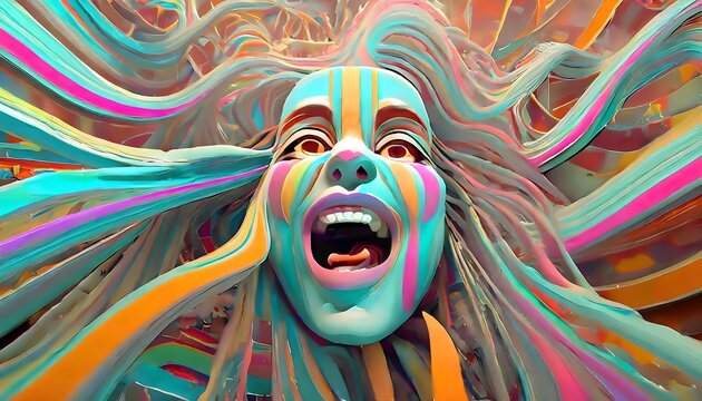 Depressed woman shouting isolated in a black background. Nervous breakdown, negative emotions, depression, hopelessness, grief emotion. Generative AI. Vibrant depressed woman swirls. 