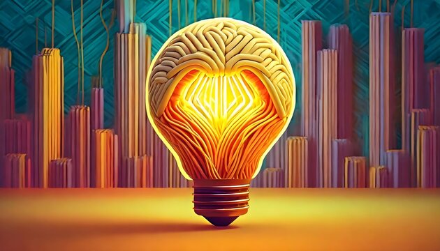 Creative light bulb explodes with splashes of multi-colored paint on a dark background. Creative idea, concept. Think differently. Creation of creative. Generative AI. Brain bulb concept.
