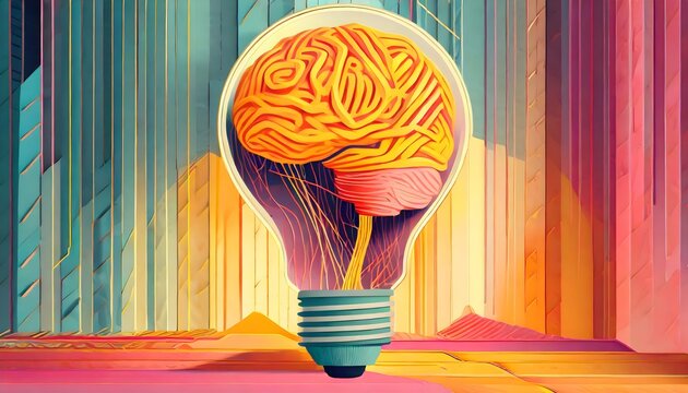 Creative light bulb explodes with colorful paint and splashes on a black background. Think differently creative idea concept. Brain bulb concept.