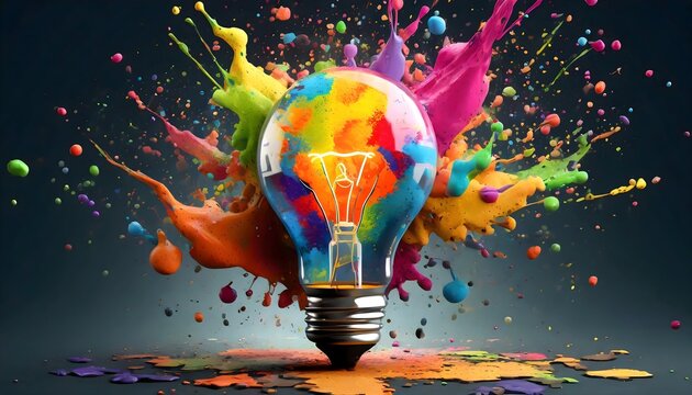 Creative light bulb explodes with colorful paint and splashes on a black background. Think differently creative idea concept