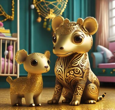Beautiful cute golden toy pair with decorations, cute animal toys. Cute bull calf toy pair. Generative ai