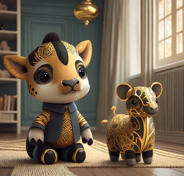 Beautiful cute golden toy pair with decorations, cute animal toys set. Cute tiger calf toy pair. Generative ai