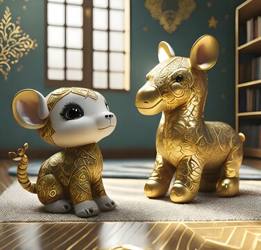 Beautiful cute toy pair with golden decorations, cute animal toys. Cute horse toy pair. Generative ai