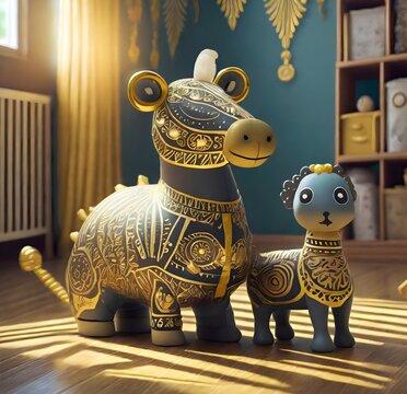 Beautiful cute golden toy pair with decorations, cute animal toys. Cute horse toy pair. Generative ai