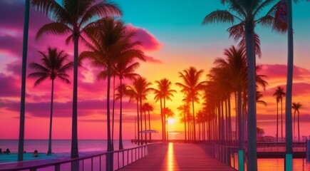 sunset at the miami beach, miami beach scene, fantastic view of the beach, sunset over the beach - obrazy, fototapety, plakaty