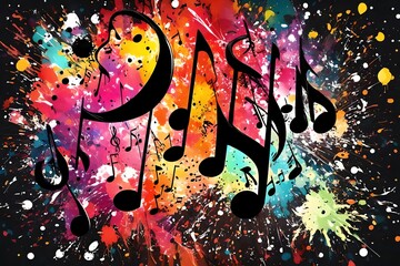 Black Music Notes in Colorful Spatters and Splashes Banner Background