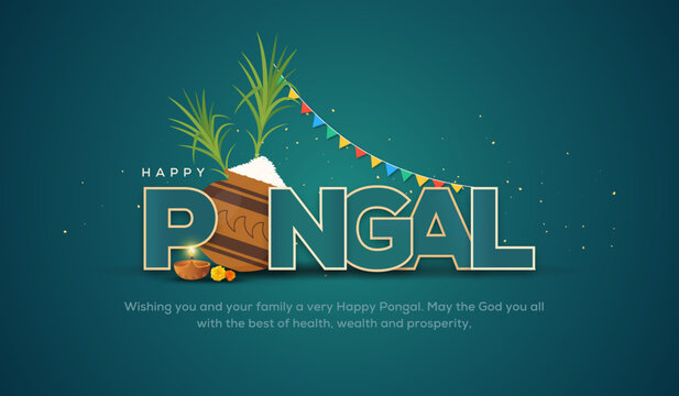 Greeting banner with traditional food and clay pot with rice for Indian harvest festival Pongal (Makar Sankranti). Vector illustration.