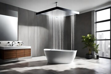 Contrast shower with flowing water, gray walls, luxuary washroom
