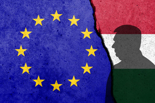 Europe Union and Hungary flags painted on the concrete wall