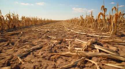 Obraz premium Cornfield and the food crisis situation. The global food crisis concept. Withered corn.