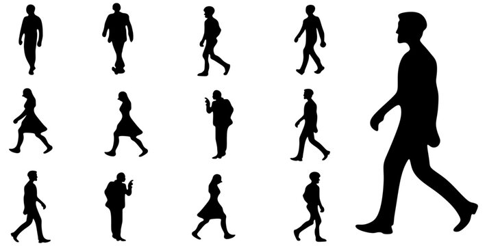 Collection people silhouettes walking, Men and women vector on white background, Isolate shape group girl and boy, Shadow different human illustration