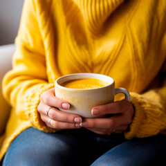 Warm hands holding a cup of golden milk, vibrant yellow sweater background, health and comfort concept.
