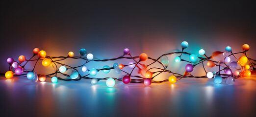 a colorful hanging string of lights with multicolored balls - obrazy, fototapety, plakaty
