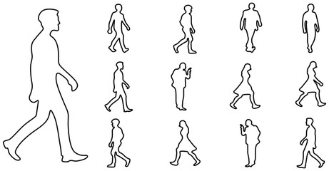 Editable line icon set of a stickman or stick figure walking in different poses in a dynamic outline graphic design style standing on both or one leg in side and front full body view as a eps vector