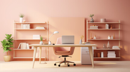 A modern, beautiful workspace, an office in delicate peach colors with an armchair, a computer, a table, a houseplant and a shelf with books. Trending fashionable interior design in 2024.
