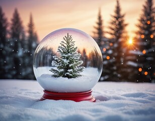 Magical snow globe with Christmas decorations. Snow globe on festive background. Christmas snow globe decor. 