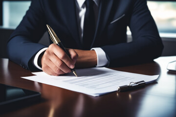 Man in suit signing document with pen.