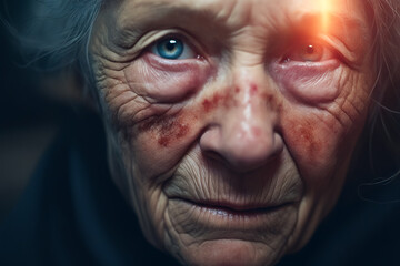 Woman with bruised eye and black shirt. - obrazy, fototapety, plakaty