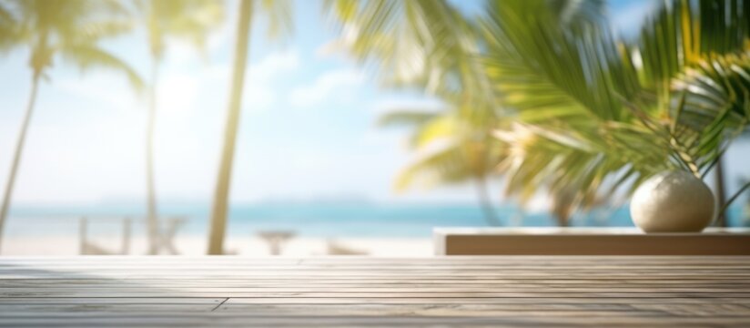 White sand beachside wooden terrace Blur tropical beach, bokeh sun and palm trees in coffee photo room