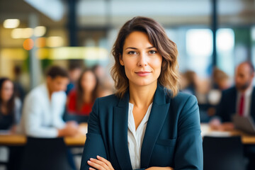 Woman in business suit standing with her arms crossed.