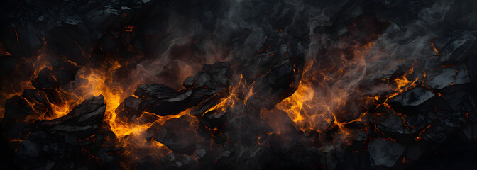 the black and gold volcanic rocks texture and smoke - obrazy, fototapety, plakaty