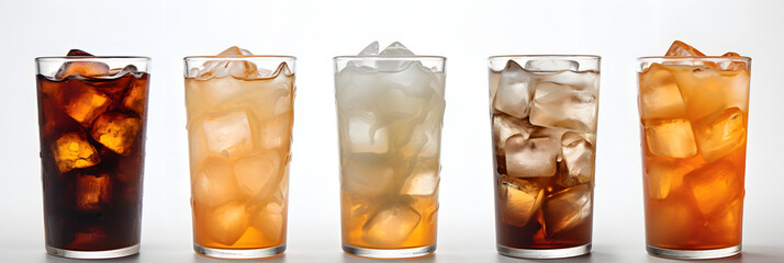  glasses of various iced drinks  lined up in a row - obrazy, fototapety, plakaty