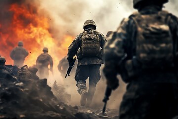 a group of soldiers running away from a fire - obrazy, fototapety, plakaty