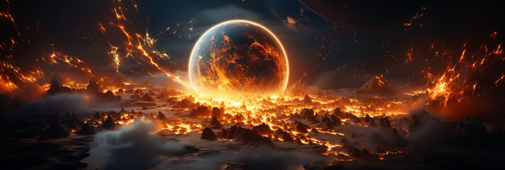 Wide horizontal burning planet web background banner with contrast and bright colors, volcano fire...