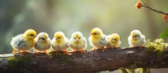 newborn baby chicks on a branch