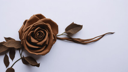 brown rose on white background. Flat lay, top view. copy space. - obrazy, fototapety, plakaty