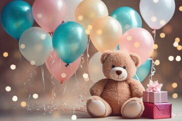 Obraz na płótnie Canvas pink teddy bear sitting with balloons