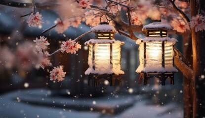 small festive lanterns decorate a tree in winter