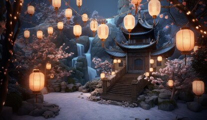 the scene is full of lanterns and snowy trees