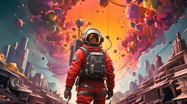 scene of an astronaut walking down a city street fantasy theme video paint cartoon